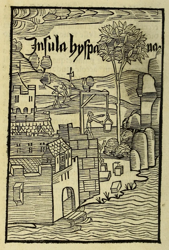 An illustration from De insulis inuentis : Epistola Cristoferi Colom (cui [a]etas nostra multu[m] debet: de insulis in mari Indico nup[er] inue[n]tis. Ad quas perquirendas octauo antea mense: auspicijs et [a]ere inuictissimi Fernandi Hispaniarum Regis missus fuerat) ad magnificum d[omi]n[u]m Raphaelez Sanxis ... missa., leaf 22