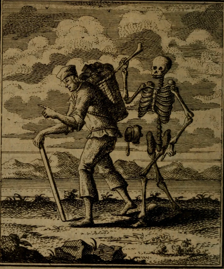 An illustration from De kapelle der dooden, of de algemeene dooden-spiegel. In welken alle menschen, van wat staat of rang zy zyn mogen, zich tot hun nut konnen beschouwen; om indagtig te zyn het memento mori, of gedenkt to sterven .., 1741, leaf 103