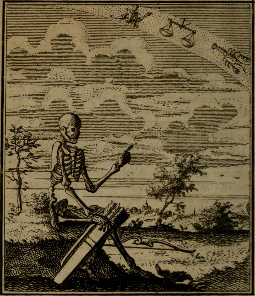 An illustration from De kapelle der dooden, of de algemeene dooden-spiegel. In welken alle menschen, van wat staat of rang zy zyn mogen, zich tot hun nut konnen beschouwen; om indagtig te zyn het memento mori, of gedenkt to sterven .., 1741, leaf 107