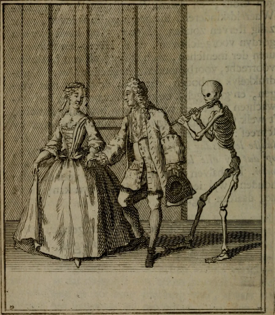 An illustration from De kapelle der dooden, of de algemeene dooden-spiegel. In welken alle menschen, van wat staat of rang zy zyn mogen, zich tot hun nut konnen beschouwen; om indagtig te zyn het memento mori, of gedenkt to sterven .., 1741, leaf 111