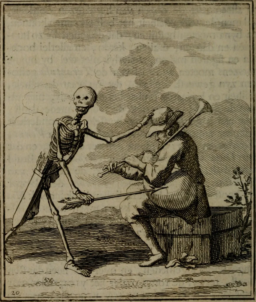 An illustration from De kapelle der dooden, of de algemeene dooden-spiegel. In welken alle menschen, van wat staat of rang zy zyn mogen, zich tot hun nut konnen beschouwen; om indagtig te zyn het memento mori, of gedenkt to sterven .., 1741, leaf 115