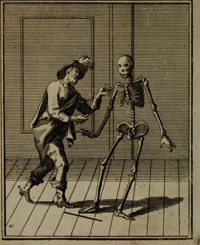 An illustration from De kapelle der dooden, of de algemeene dooden-spiegel. In welken alle menschen, van wat staat of rang zy zyn mogen, zich tot hun nut konnen beschouwen; om indagtig te zyn het memento mori, of gedenkt to sterven .., 1741, leaf 119