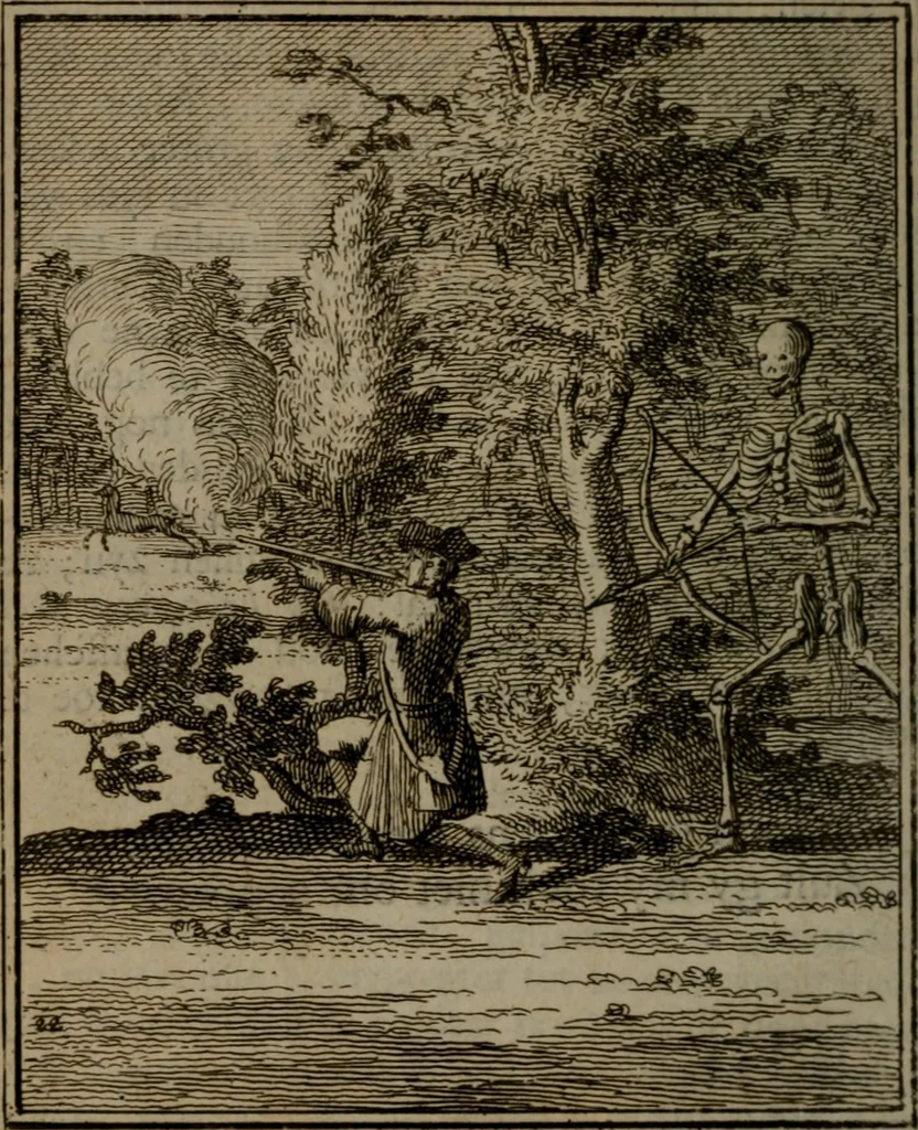An illustration from De kapelle der dooden, of de algemeene dooden-spiegel. In welken alle menschen, van wat staat of rang zy zyn mogen, zich tot hun nut konnen beschouwen; om indagtig te zyn het memento mori, of gedenkt to sterven .., 1741, leaf 123