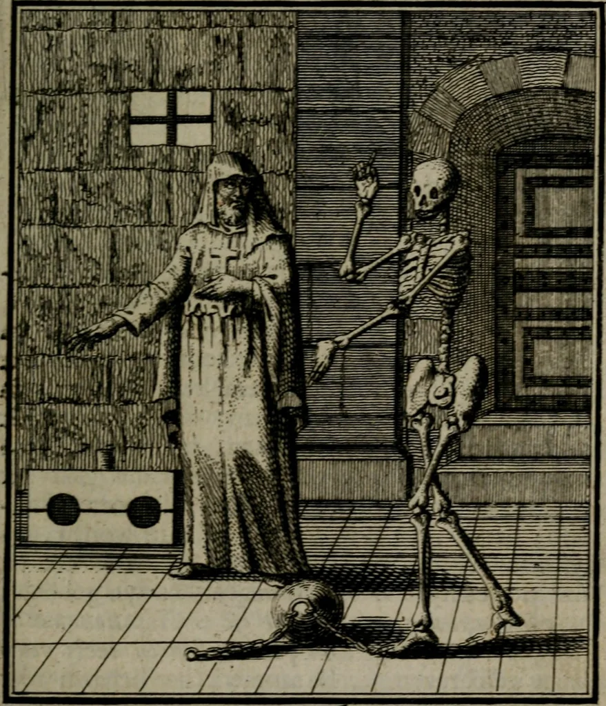 An illustration from De kapelle der dooden, of de algemeene dooden-spiegel. In welken alle menschen, van wat staat of rang zy zyn mogen, zich tot hun nut konnen beschouwen; om indagtig te zyn het memento mori, of gedenkt to sterven .., 1741, leaf 136
