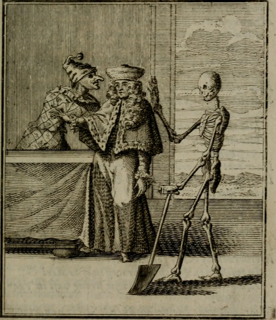 An illustration from De kapelle der dooden, of de algemeene dooden-spiegel. In welken alle menschen, van wat staat of rang zy zyn mogen, zich tot hun nut konnen beschouwen; om indagtig te zyn het memento mori, of gedenkt to sterven .., 1741, leaf 166