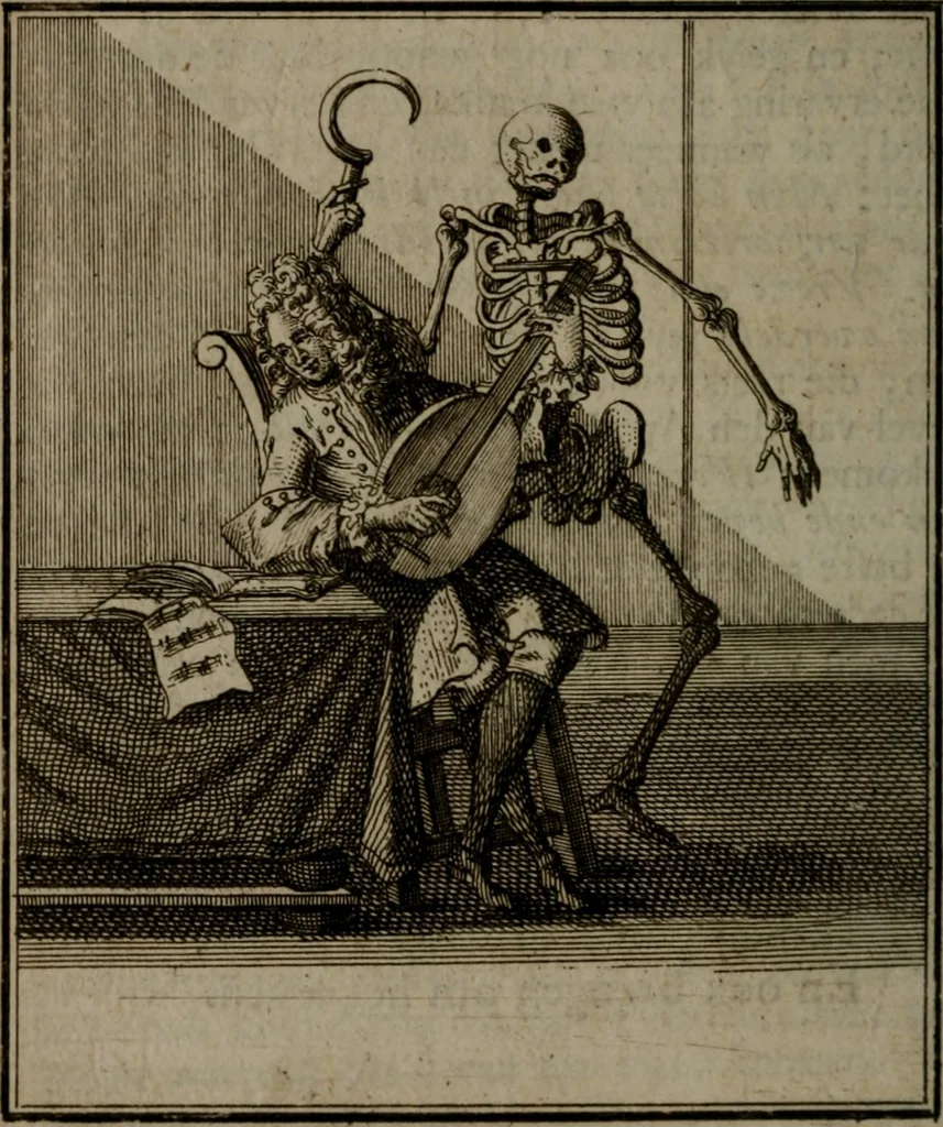 An illustration from De kapelle der dooden, of de algemeene dooden-spiegel. In welken alle menschen, van wat staat of rang zy zyn mogen, zich tot hun nut konnen beschouwen; om indagtig te zyn het memento mori, of gedenkt to sterven .., 1741, leaf 183