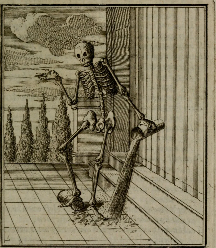 An illustration from De kapelle der dooden, of de algemeene dooden-spiegel. In welken alle menschen, van wat staat of rang zy zyn mogen, zich tot hun nut konnen beschouwen; om indagtig te zyn het memento mori, of gedenkt to sterven .., 1741, leaf 188