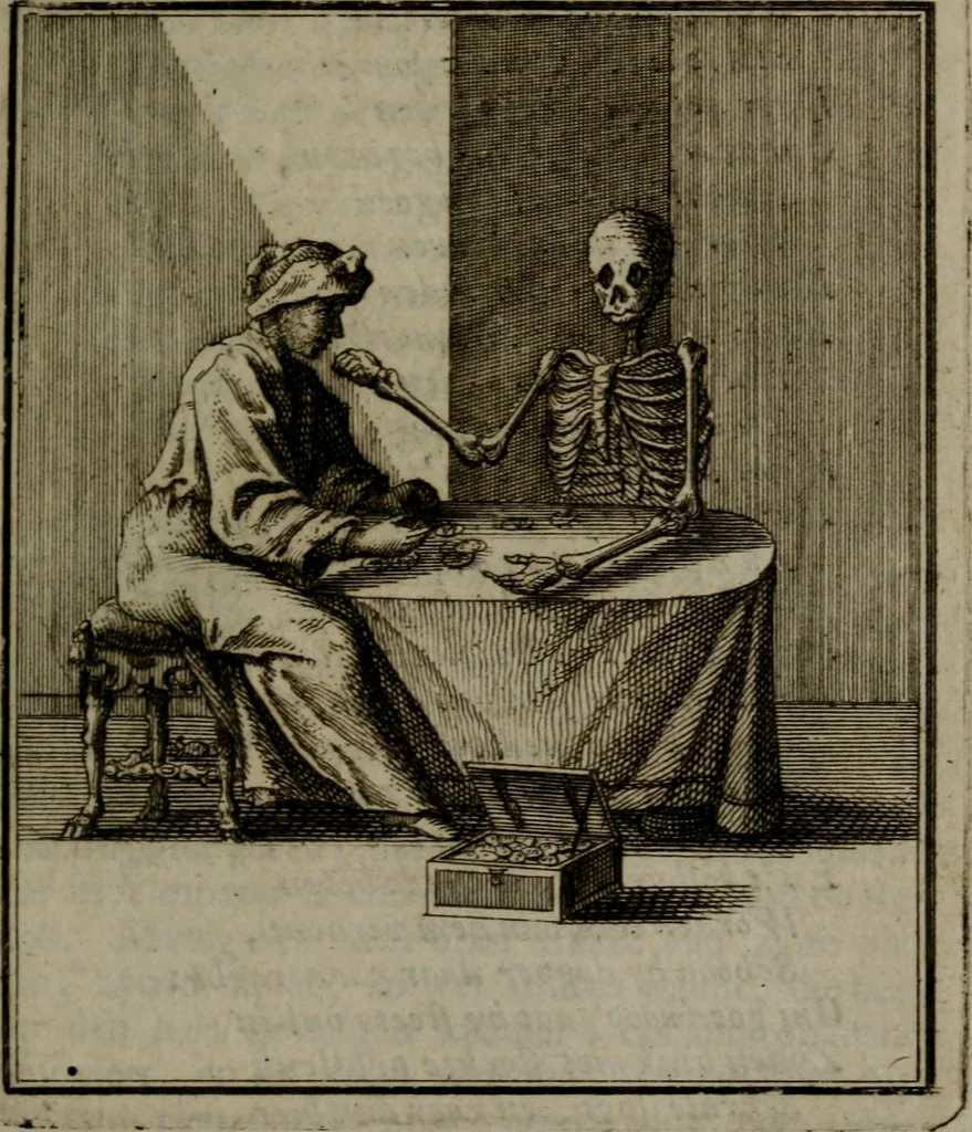 An illustration from De kapelle der dooden, of de algemeene dooden-spiegel. In welken alle menschen, van wat staat of rang zy zyn mogen, zich tot hun nut konnen beschouwen; om indagtig te zyn het memento mori, of gedenkt to sterven .., 1741, leaf 194