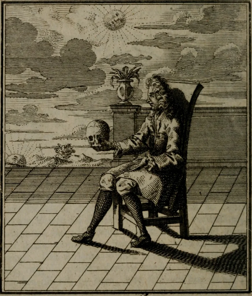 An illustration from De kapelle der dooden, of de algemeene dooden-spiegel. In welken alle menschen, van wat staat of rang zy zyn mogen, zich tot hun nut konnen beschouwen; om indagtig te zyn het memento mori, of gedenkt to sterven .., 1741, leaf 219