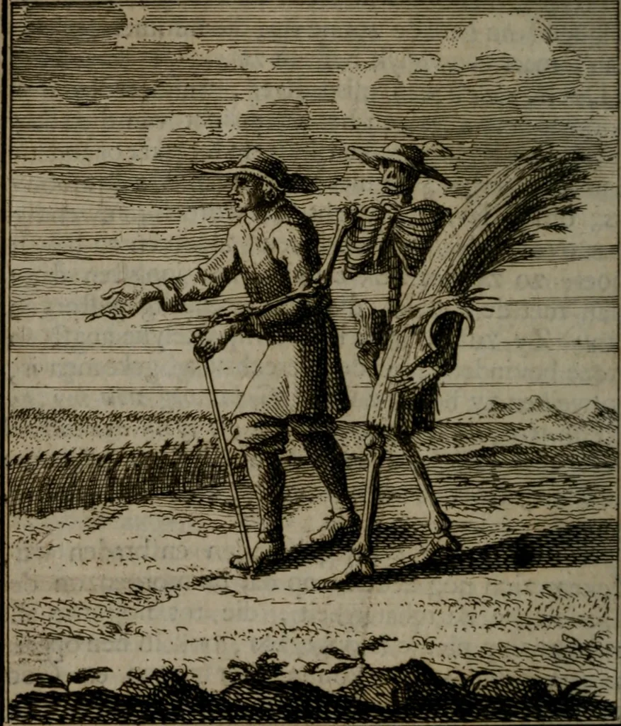 An illustration from De kapelle der dooden, of de algemeene dooden-spiegel. In welken alle menschen, van wat staat of rang zy zyn mogen, zich tot hun nut konnen beschouwen; om indagtig te zyn het memento mori, of gedenkt to sterven .., 1741, leaf 223