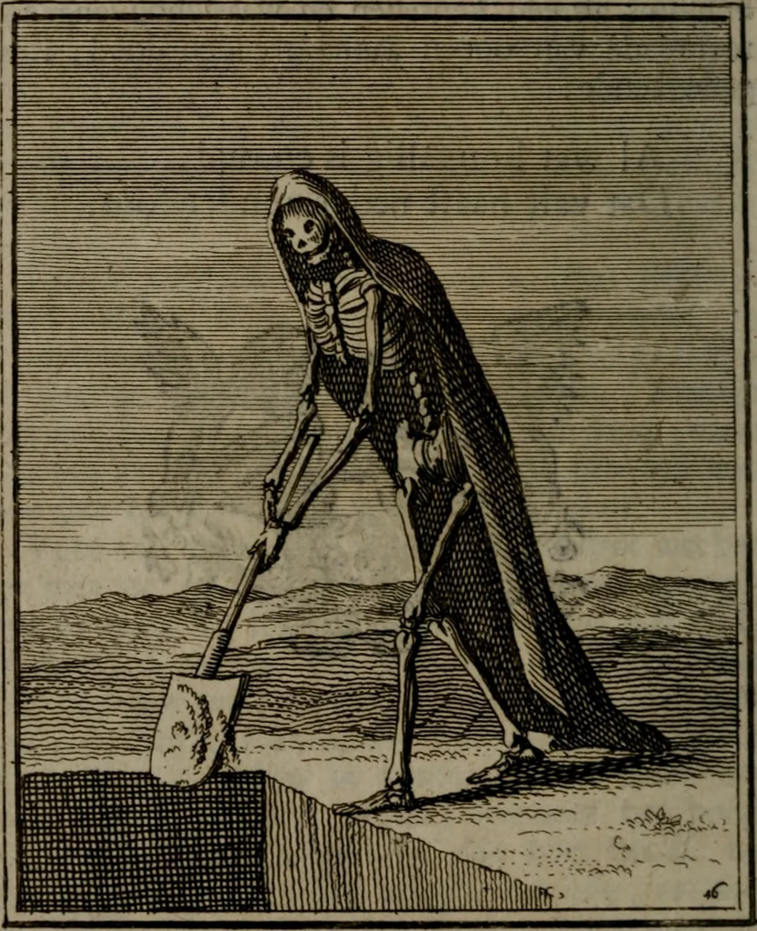 An illustration from De kapelle der dooden, of de algemeene dooden-spiegel. In welken alle menschen, van wat staat of rang zy zyn mogen, zich tot hun nut konnen beschouwen; om indagtig te zyn het memento mori, of gedenkt to sterven .., 1741, leaf 241