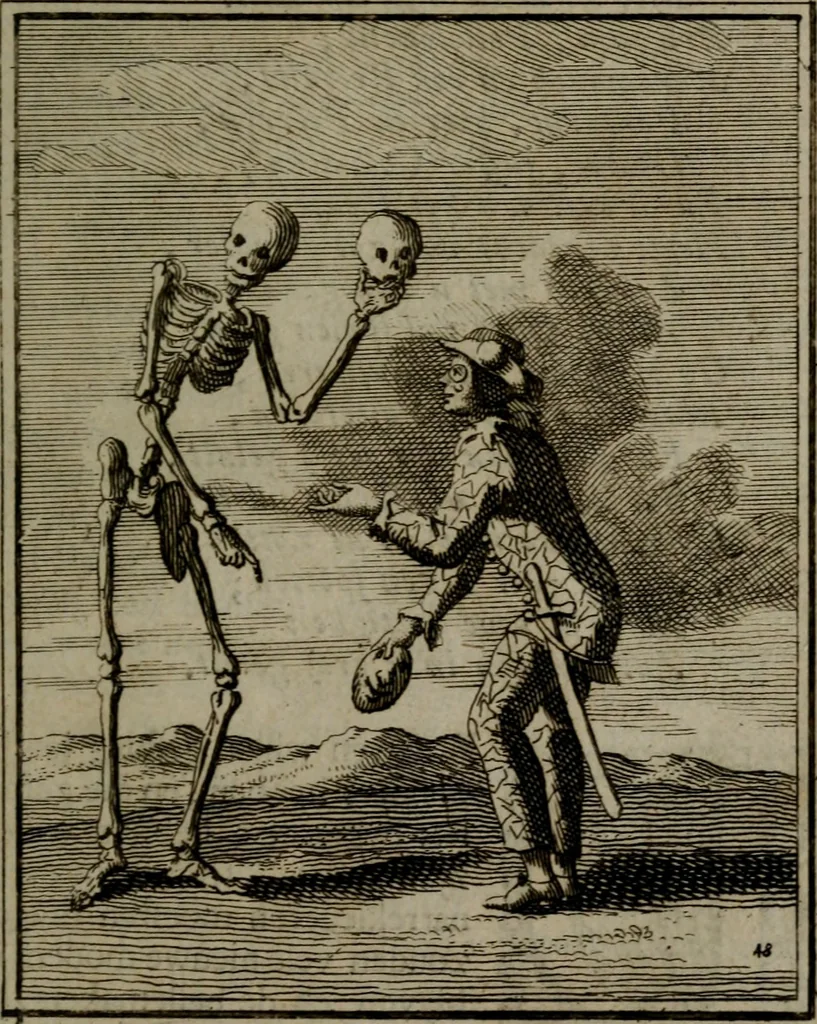 An illustration from De kapelle der dooden, of de algemeene dooden-spiegel. In welken alle menschen, van wat staat of rang zy zyn mogen, zich tot hun nut konnen beschouwen; om indagtig te zyn het memento mori, of gedenkt to sterven .., 1741, leaf 250