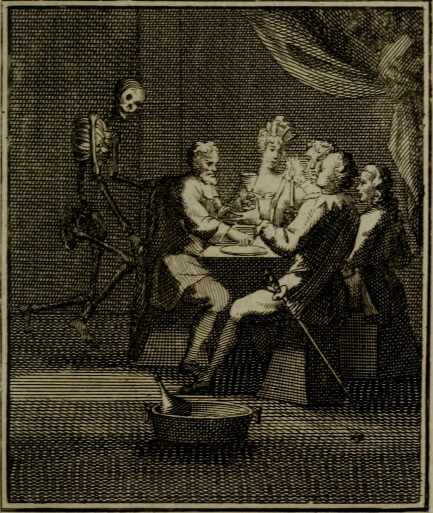 An illustration from De kapelle der dooden, of de algemeene dooden-spiegel. In welken alle menschen, van wat staat of rang zy zyn mogen, zich tot hun nut konnen beschouwen; om indagtig te zyn het memento mori, of gedenkt to sterven .., 1741, leaf 256