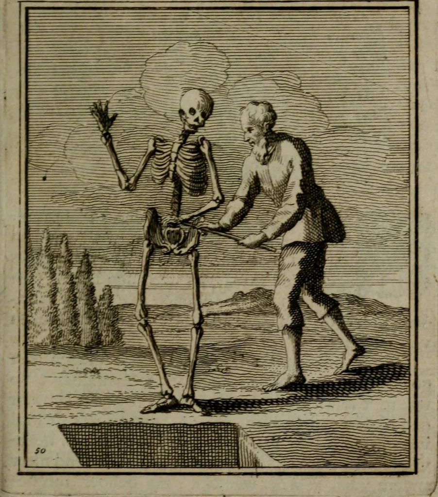 An illustration from De kapelle der dooden, of de algemeene dooden-spiegel. In welken alle menschen, van wat staat of rang zy zyn mogen, zich tot hun nut konnen beschouwen; om indagtig te zyn het memento mori, of gedenkt to sterven .., 1741, leaf 260
