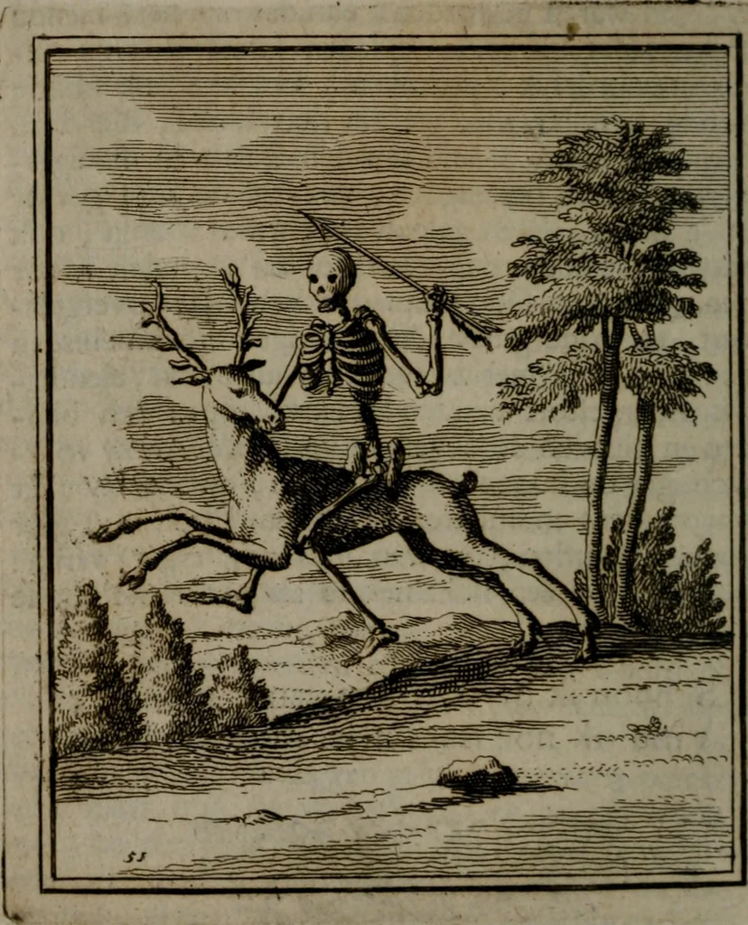An illustration from De kapelle der dooden, of de algemeene dooden-spiegel. In welken alle menschen, van wat staat of rang zy zyn mogen, zich tot hun nut konnen beschouwen; om indagtig te zyn het memento mori, of gedenkt to sterven .., 1741, leaf 265