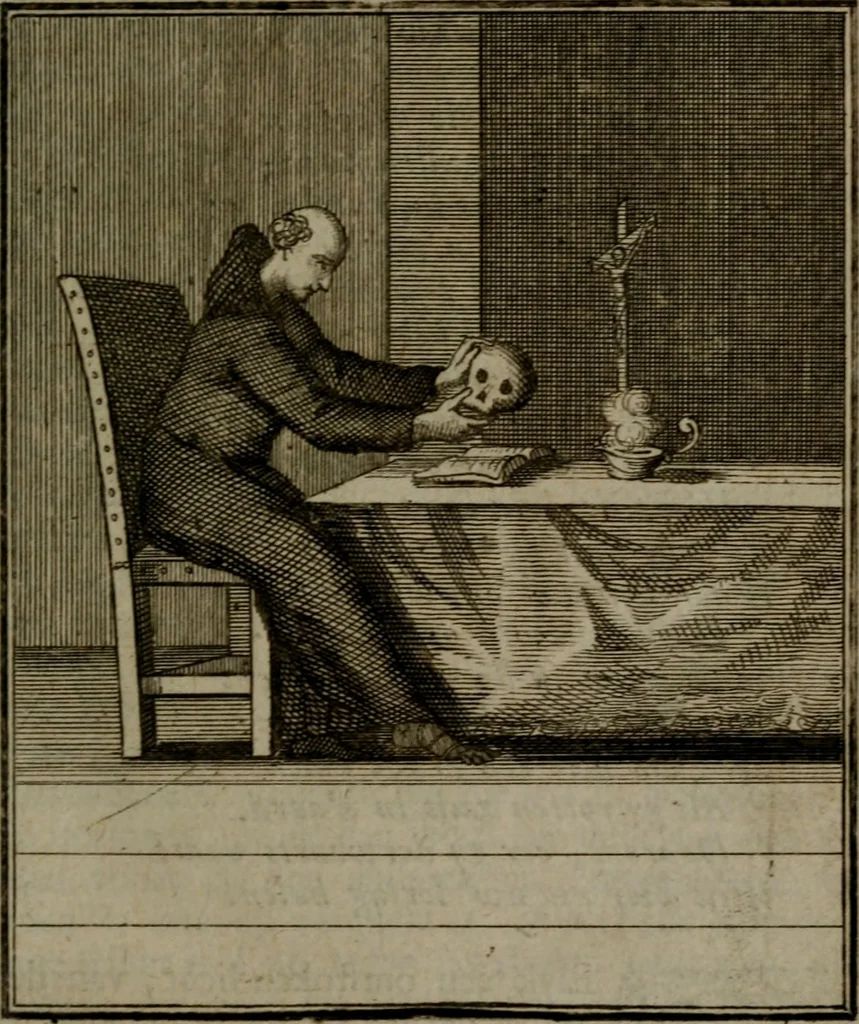 An illustration from De kapelle der dooden, of de algemeene dooden-spiegel. In welken alle menschen, van wat staat of rang zy zyn mogen, zich tot hun nut konnen beschouwen; om indagtig te zyn het memento mori, of gedenkt to sterven .., 1741, leaf 284