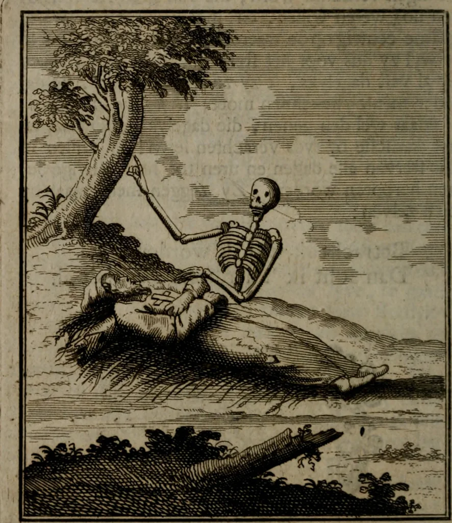 An illustration from De kapelle der dooden, of de algemeene dooden-spiegel. In welken alle menschen, van wat staat of rang zy zyn mogen, zich tot hun nut konnen beschouwen; om indagtig te zyn het memento mori, of gedenkt to sterven .., 1741, leaf 289