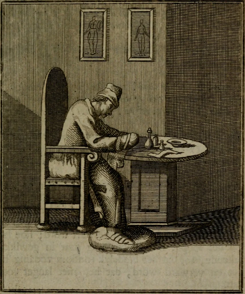An illustration from De kapelle der dooden, of de algemeene dooden-spiegel. In welken alle menschen, van wat staat of rang zy zyn mogen, zich tot hun nut konnen beschouwen; om indagtig te zyn het memento mori, of gedenkt to sterven .., 1741, leaf 294