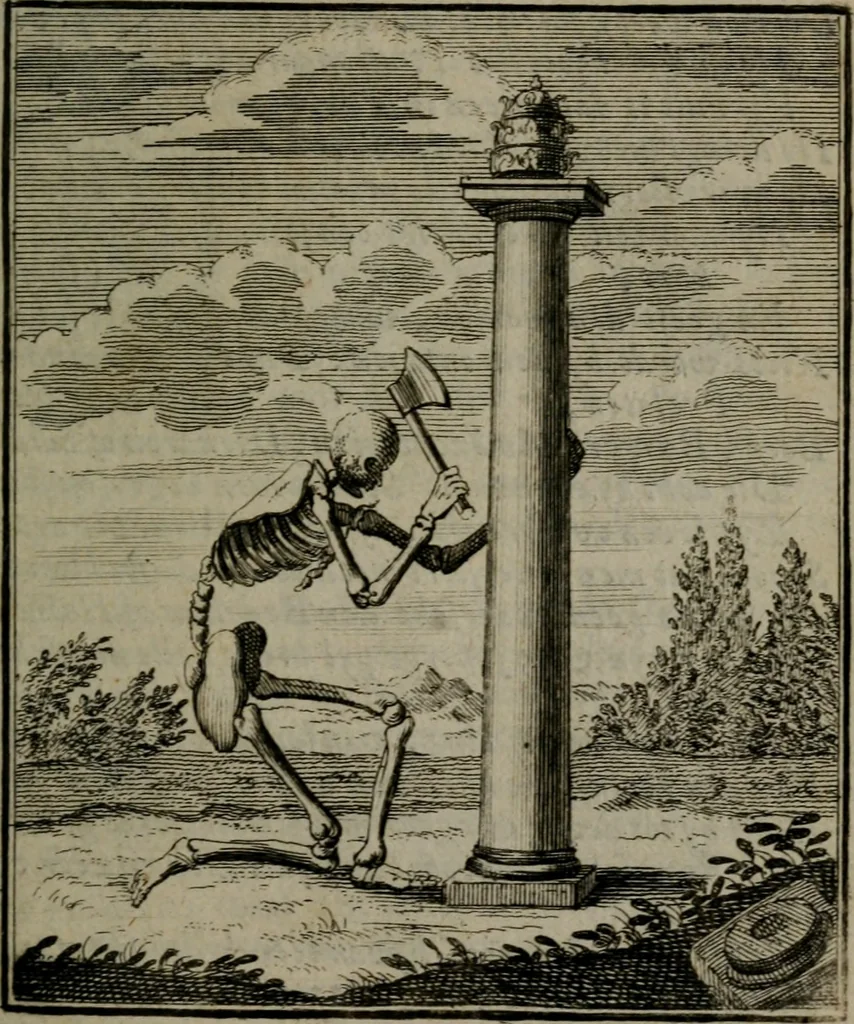 An illustration from De kapelle der dooden, of de algemeene dooden-spiegel. In welken alle menschen, van wat staat of rang zy zyn mogen, zich tot hun nut konnen beschouwen; om indagtig te zyn het memento mori, of gedenkt to sterven .., 1741, leaf 32