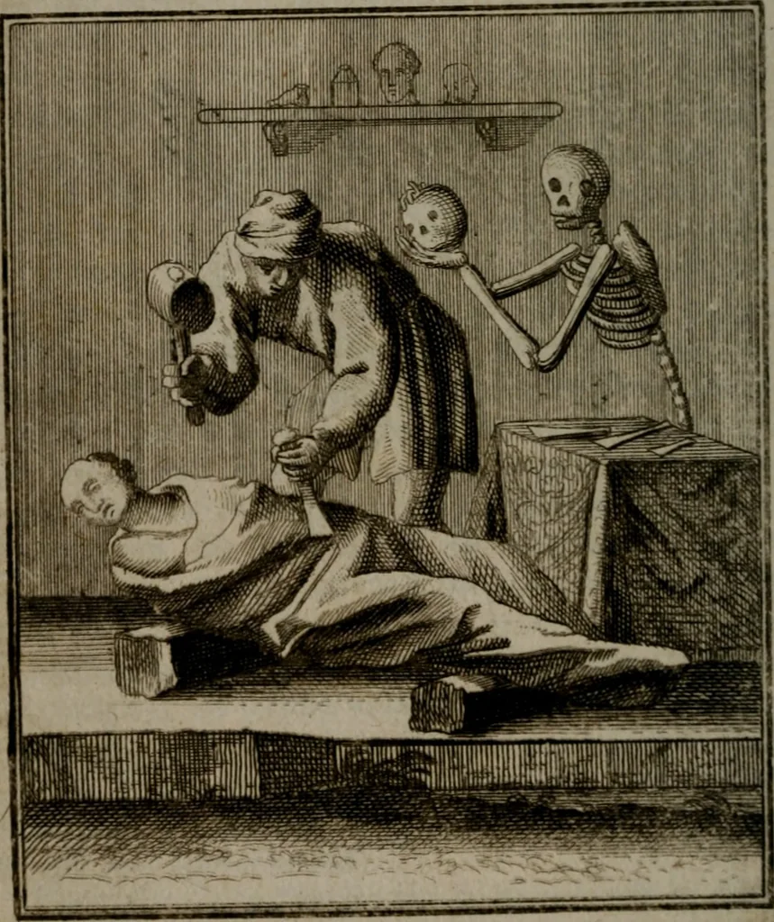 An illustration from De kapelle der dooden, of de algemeene dooden-spiegel. In welken alle menschen, van wat staat of rang zy zyn mogen, zich tot hun nut konnen beschouwen; om indagtig te zyn het memento mori, of gedenkt to sterven .., 1741, leaf 347