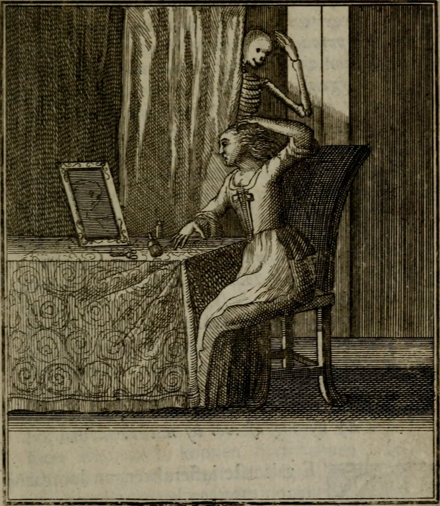 An illustration from De kapelle der dooden, of de algemeene dooden-spiegel. In welken alle menschen, van wat staat of rang zy zyn mogen, zich tot hun nut konnen beschouwen; om indagtig te zyn het memento mori, of gedenkt to sterven .., 1741, leaf 350