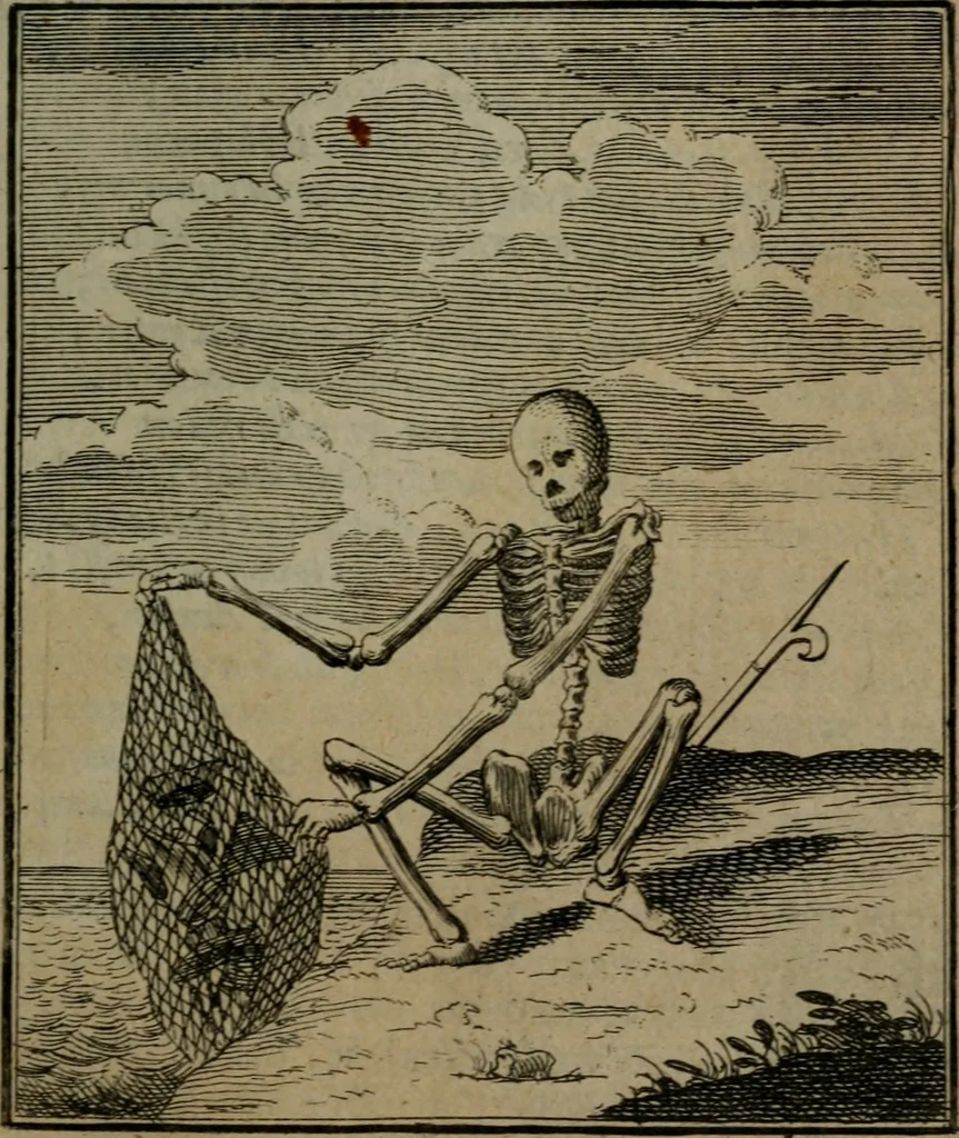 An illustration from De kapelle der dooden, of de algemeene dooden-spiegel. In welken alle menschen, van wat staat of rang zy zyn mogen, zich tot hun nut konnen beschouwen; om indagtig te zyn het memento mori, of gedenkt to sterven .., 1741, leaf 36