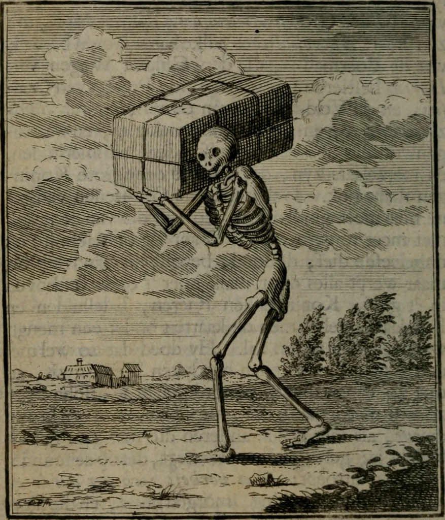 An illustration from De kapelle der dooden, of de algemeene dooden-spiegel. In welken alle menschen, van wat staat of rang zy zyn mogen, zich tot hun nut konnen beschouwen; om indagtig te zyn het memento mori, of gedenkt to sterven .., 1741, leaf 43