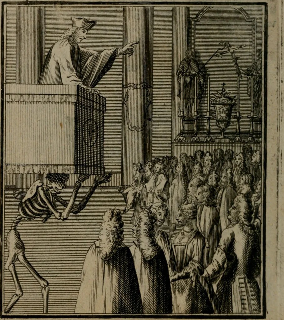 An illustration from De kapelle der dooden, of de algemeene dooden-spiegel. In welken alle menschen, van wat staat of rang zy zyn mogen, zich tot hun nut konnen beschouwen; om indagtig te zyn het memento mori, of gedenkt to sterven .., 1741, leaf 47
