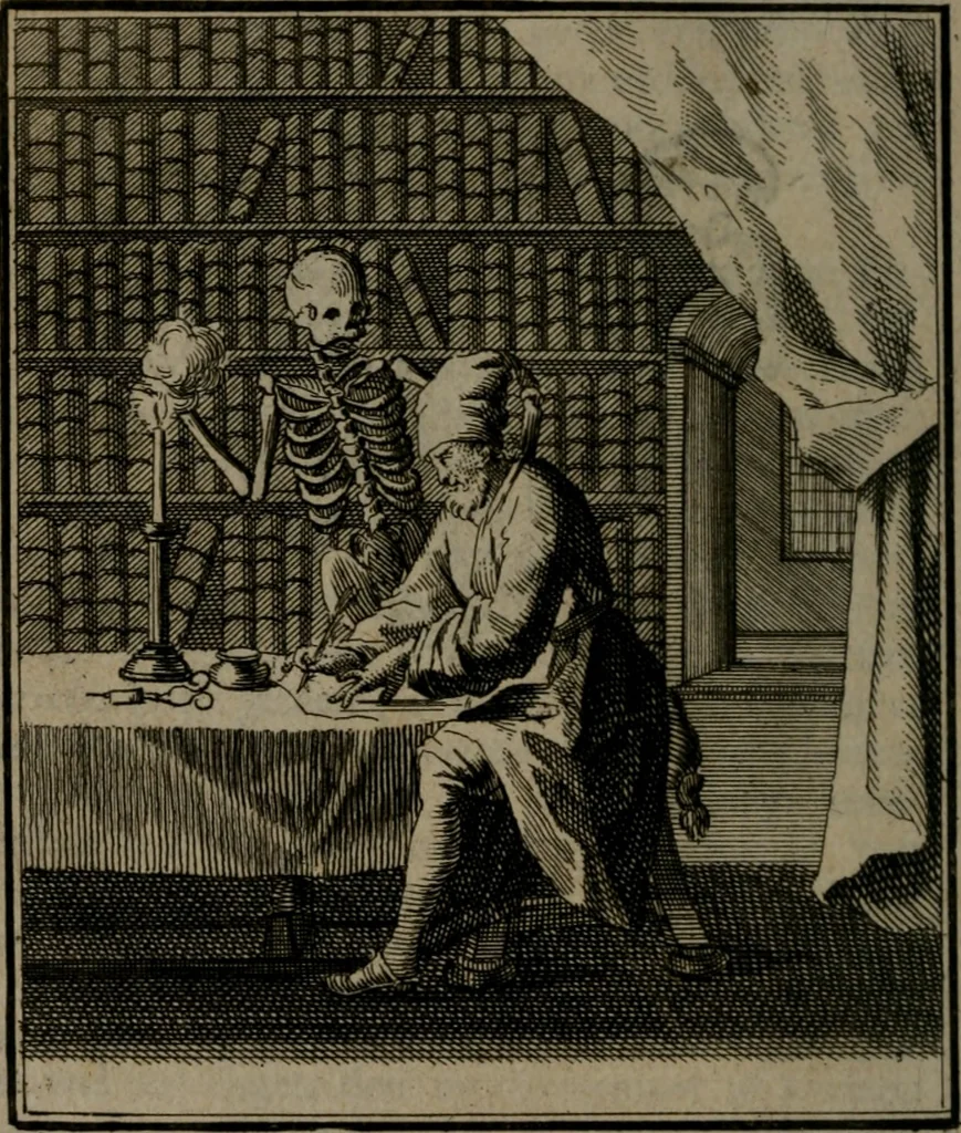 An illustration from De kapelle der dooden, of de algemeene dooden-spiegel. In welken alle menschen, van wat staat of rang zy zyn mogen, zich tot hun nut konnen beschouwen; om indagtig te zyn het memento mori, of gedenkt to sterven .., 1741, leaf 53