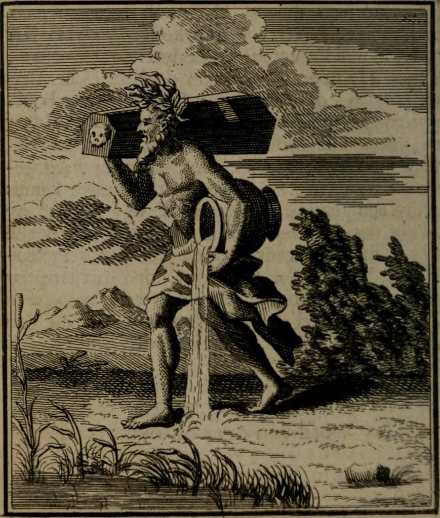 An illustration from De kapelle der dooden, of de algemeene dooden-spiegel. In welken alle menschen, van wat staat of rang zy zyn mogen, zich tot hun nut konnen beschouwen; om indagtig te zyn het memento mori, of gedenkt to sterven .., 1741, leaf 59