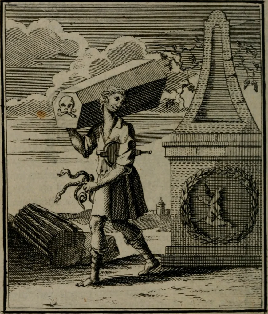 An illustration from De kapelle der dooden, of de algemeene dooden-spiegel. In welken alle menschen, van wat staat of rang zy zyn mogen, zich tot hun nut konnen beschouwen; om indagtig te zyn het memento mori, of gedenkt to sterven .., 1741, leaf 65