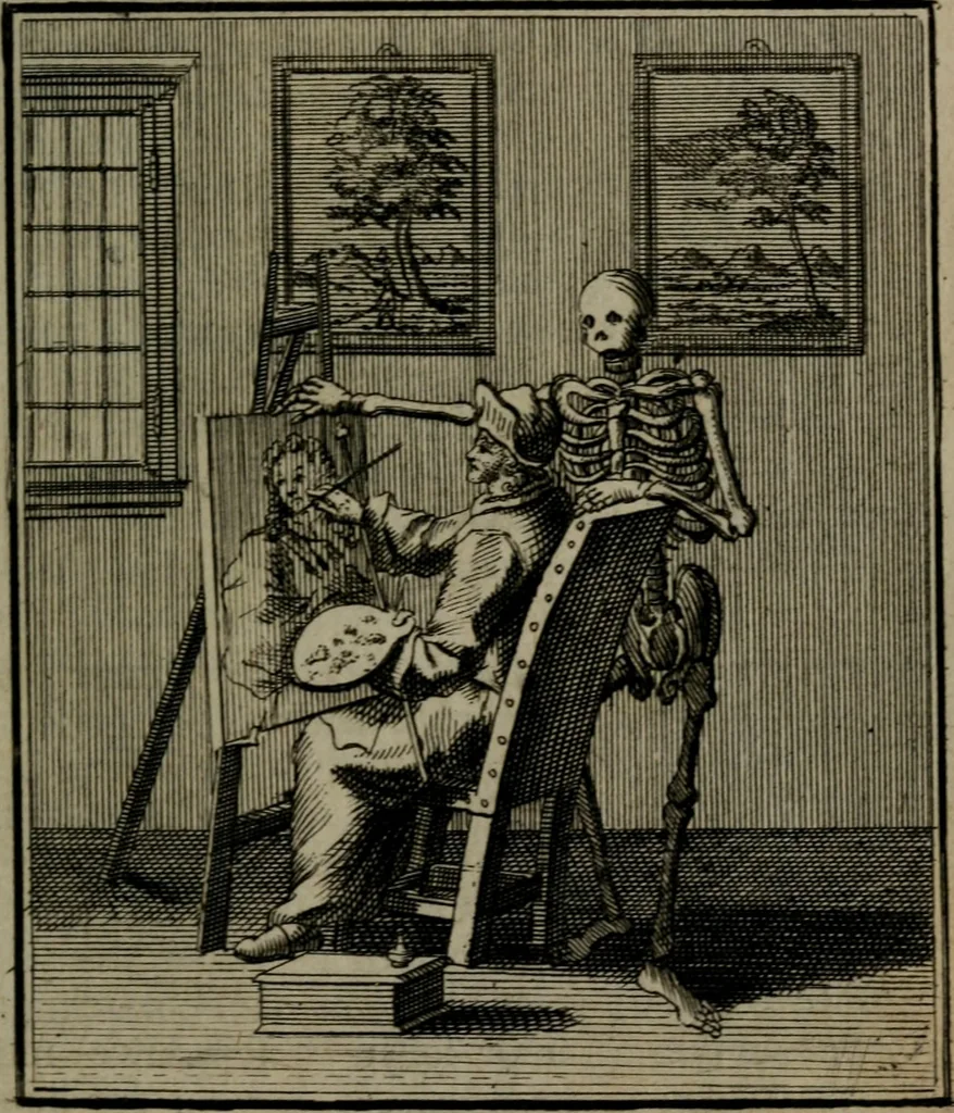 An illustration from De kapelle der dooden, of de algemeene dooden-spiegel. In welken alle menschen, van wat staat of rang zy zyn mogen, zich tot hun nut konnen beschouwen; om indagtig te zyn het memento mori, of gedenkt to sterven .., 1741, leaf 70