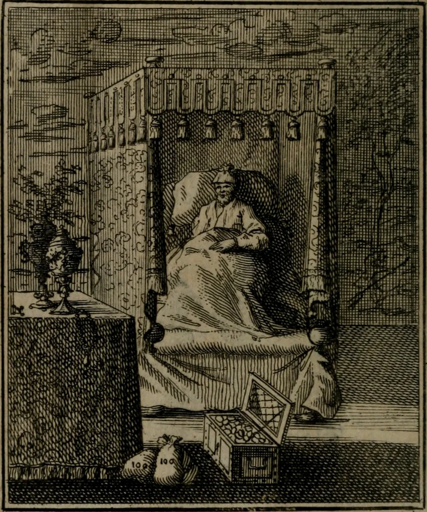 An illustration from De kapelle der dooden, of de algemeene dooden-spiegel. In welken alle menschen, van wat staat of rang zy zyn mogen, zich tot hun nut konnen beschouwen; om indagtig te zyn het memento mori, of gedenkt to sterven .., 1741, leaf 79