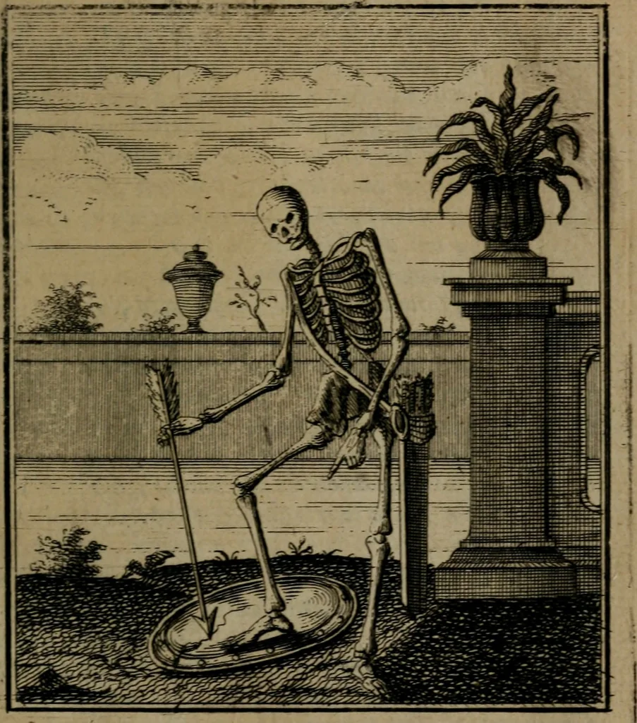 An illustration from De kapelle der dooden, of de algemeene dooden-spiegel. In welken alle menschen, van wat staat of rang zy zyn mogen, zich tot hun nut konnen beschouwen; om indagtig te zyn het memento mori, of gedenkt to sterven .., 1741, leaf 84