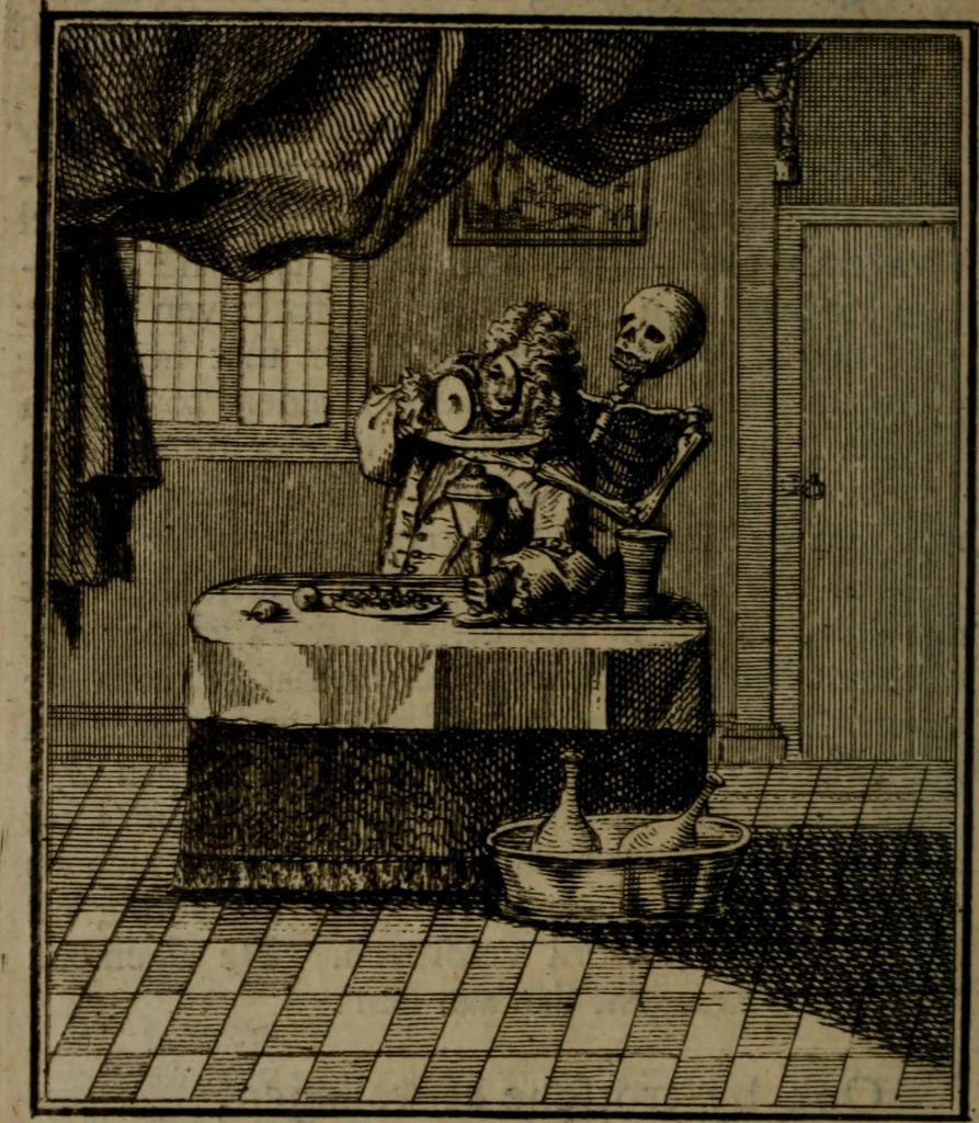 An illustration from De kapelle der dooden, of de algemeene dooden-spiegel. In welken alle menschen, van wat staat of rang zy zyn mogen, zich tot hun nut konnen beschouwen; om indagtig te zyn het memento mori, of gedenkt to sterven .., 1741, leaf 93