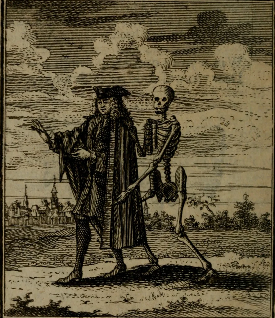 An illustration from De kapelle der dooden, of de algemeene dooden-spiegel. In welken alle menschen, van wat staat of rang zy zyn mogen, zich tot hun nut konnen beschouwen; om indagtig te zyn het memento mori, of gedenkt to sterven .., 1741, leaf 99
