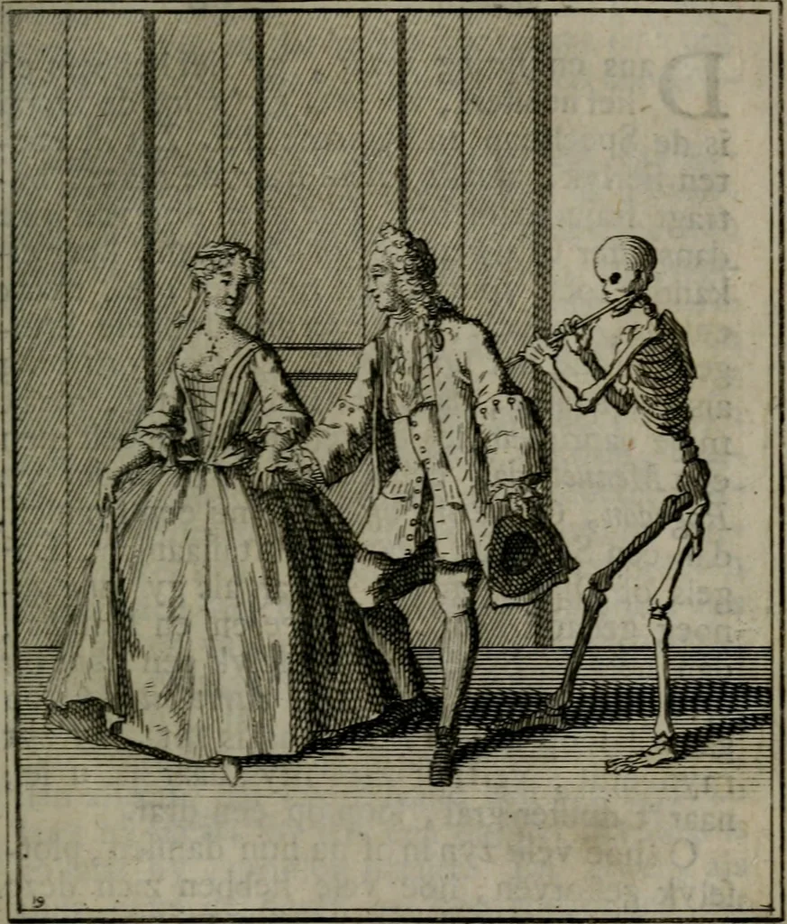 An illustration from De kapelle der dooden, of, De algemeene doodenspiegel : in welken all menschen, van wat staat of rang zy zyn mogen, zich tot hun nut konnen beschouwen : om indagtig ti zyn het memento mori, gedenkt te sterven ..., 1737, leaf 102