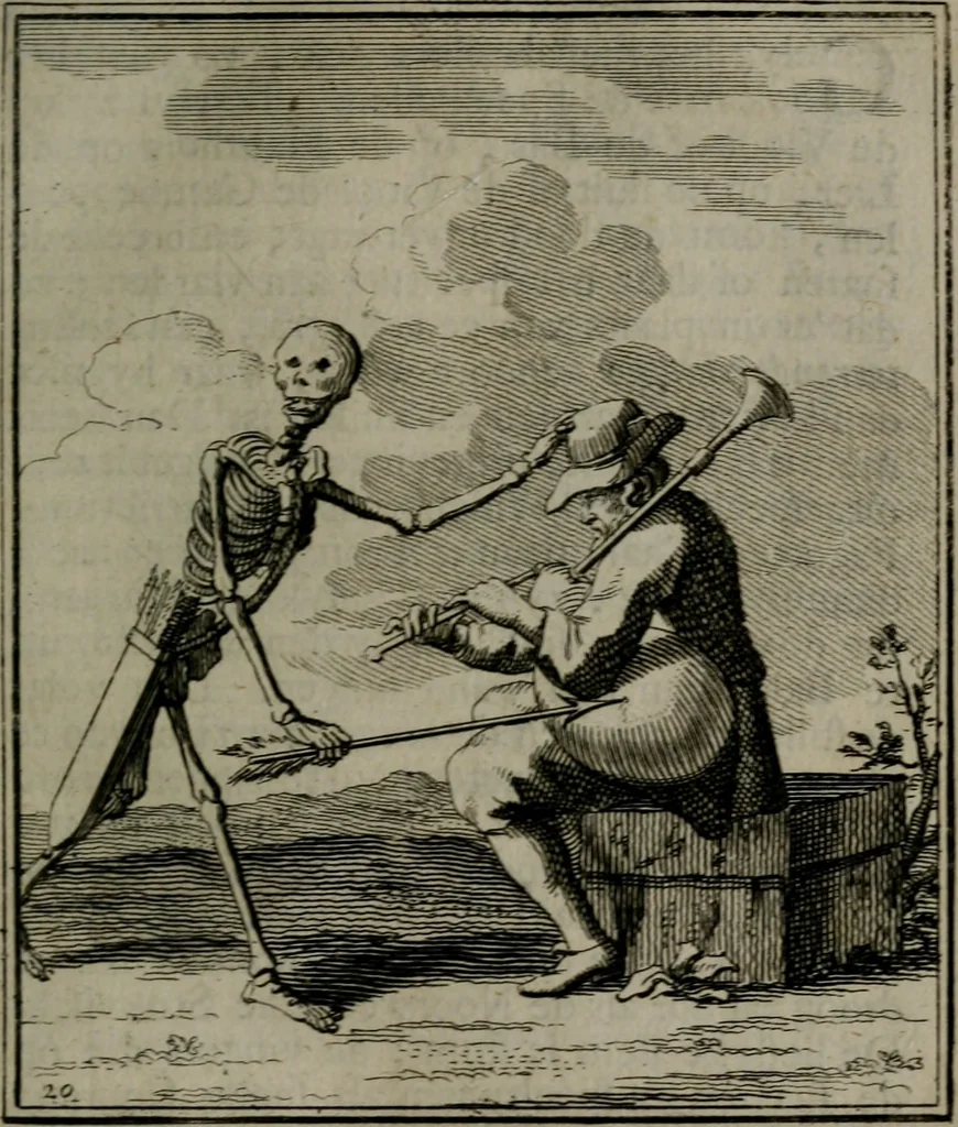 An illustration from De kapelle der dooden, of, De algemeene doodenspiegel : in welken all menschen, van wat staat of rang zy zyn mogen, zich tot hun nut konnen beschouwen : om indagtig ti zyn het memento mori, gedenkt te sterven ..., 1737, leaf 106