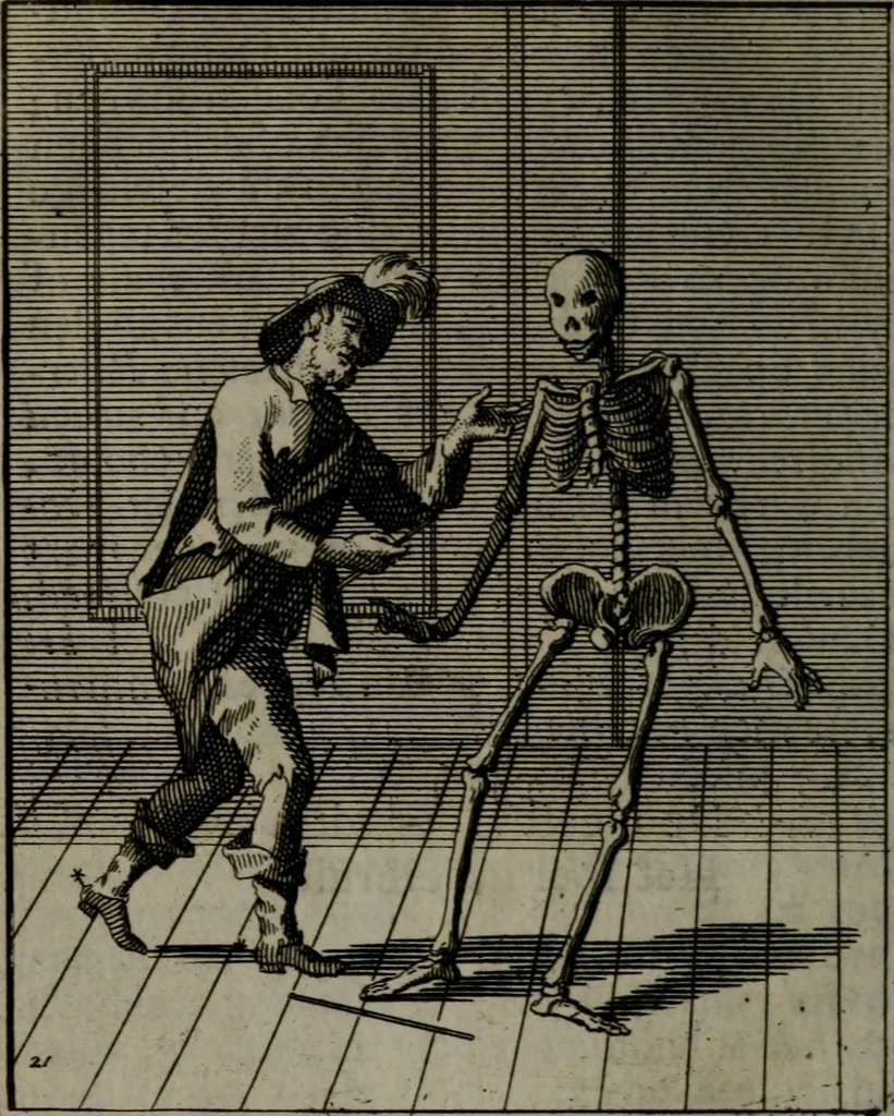 An illustration from De kapelle der dooden, of, De algemeene doodenspiegel : in welken all menschen, van wat staat of rang zy zyn mogen, zich tot hun nut konnen beschouwen : om indagtig ti zyn het memento mori, gedenkt te sterven ..., 1737, leaf 109