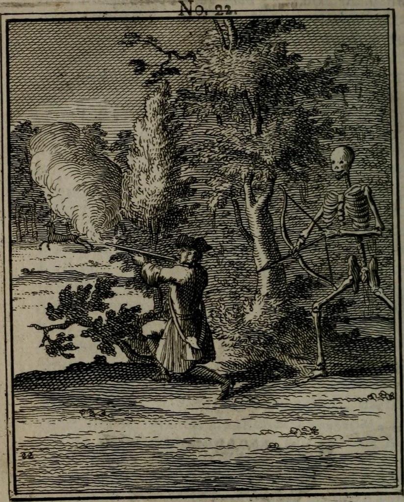An illustration from De kapelle der dooden, of, De algemeene doodenspiegel : in welken all menschen, van wat staat of rang zy zyn mogen, zich tot hun nut konnen beschouwen : om indagtig ti zyn het memento mori, gedenkt te sterven ..., 1737, leaf 113
