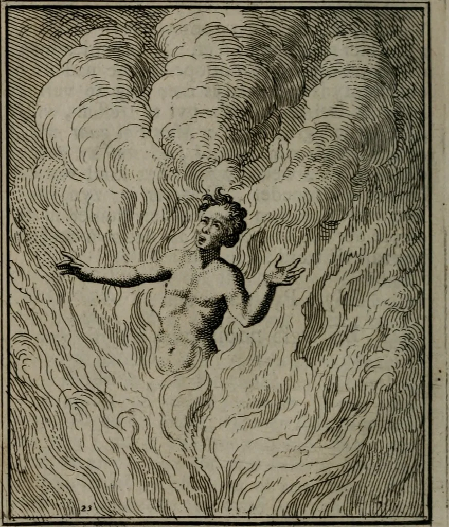 An illustration from De kapelle der dooden, of, De algemeene doodenspiegel : in welken all menschen, van wat staat of rang zy zyn mogen, zich tot hun nut konnen beschouwen : om indagtig ti zyn het memento mori, gedenkt te sterven ..., 1737, leaf 117