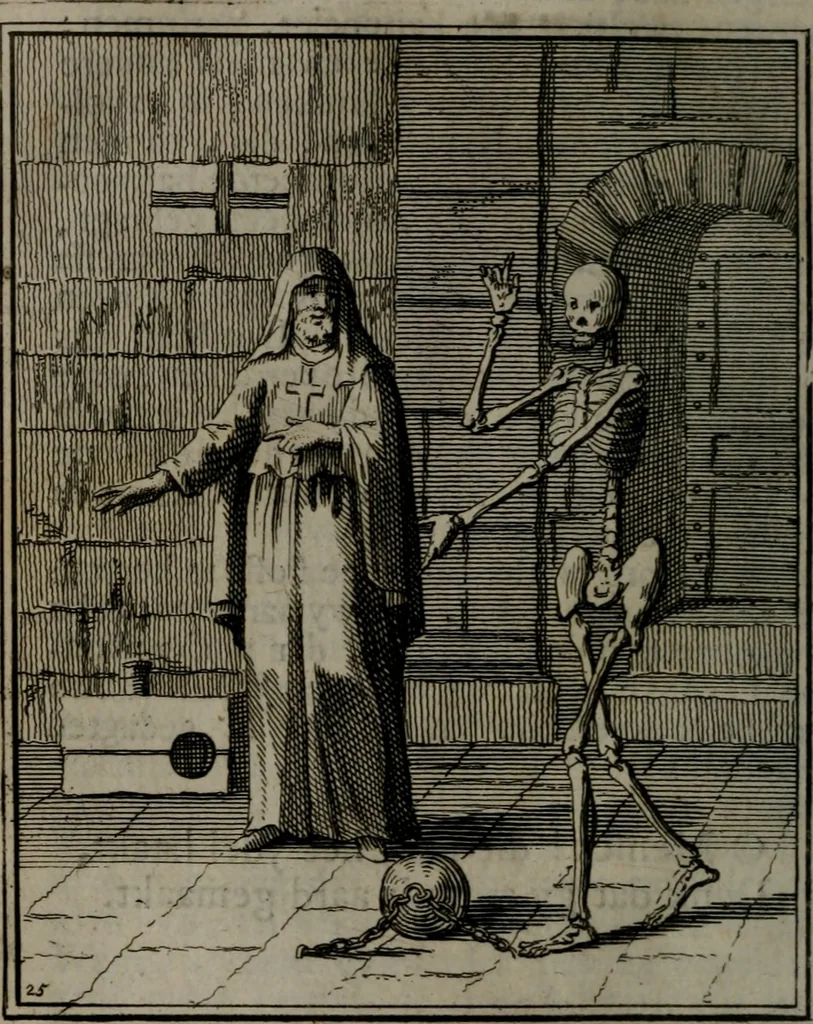 An illustration from De kapelle der dooden, of, De algemeene doodenspiegel : in welken all menschen, van wat staat of rang zy zyn mogen, zich tot hun nut konnen beschouwen : om indagtig ti zyn het memento mori, gedenkt te sterven ..., 1737, leaf 125