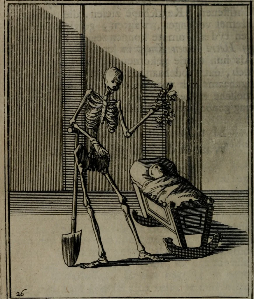 An illustration from De kapelle der dooden, of, De algemeene doodenspiegel : in welken all menschen, van wat staat of rang zy zyn mogen, zich tot hun nut konnen beschouwen : om indagtig ti zyn het memento mori, gedenkt te sterven ..., 1737, leaf 129