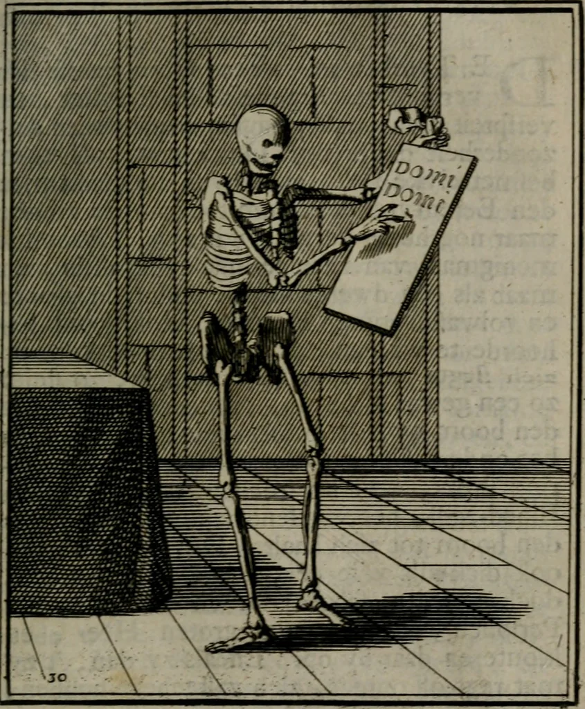 An illustration from De kapelle der dooden, of, De algemeene doodenspiegel : in welken all menschen, van wat staat of rang zy zyn mogen, zich tot hun nut konnen beschouwen : om indagtig ti zyn het memento mori, gedenkt te sterven ..., 1737, leaf 148