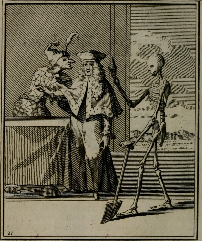 An illustration from De kapelle der dooden, of, De algemeene doodenspiegel : in welken all menschen, van wat staat of rang zy zyn mogen, zich tot hun nut konnen beschouwen : om indagtig ti zyn het memento mori, gedenkt te sterven ..., 1737, leaf 155