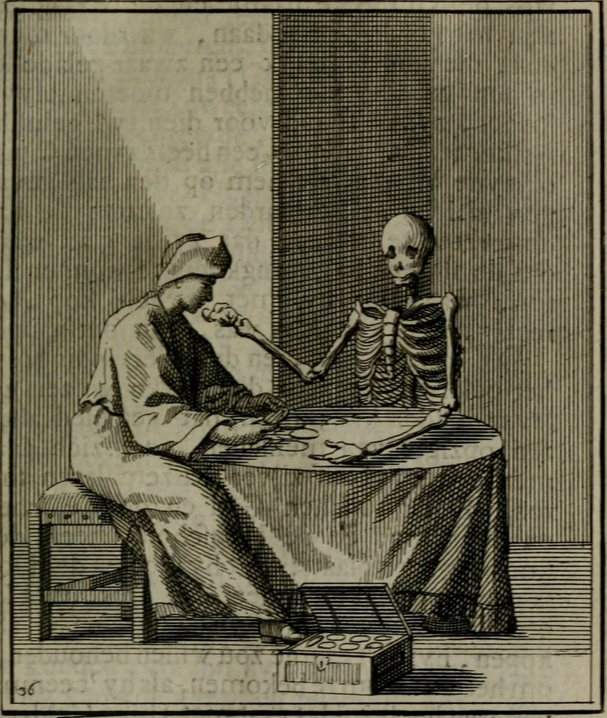 An illustration from De kapelle der dooden, of, De algemeene doodenspiegel : in welken all menschen, van wat staat of rang zy zyn mogen, zich tot hun nut konnen beschouwen : om indagtig ti zyn het memento mori, gedenkt te sterven ..., 1737, leaf 180