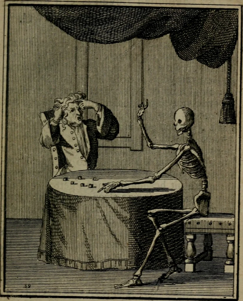 An illustration from De kapelle der dooden, of, De algemeene doodenspiegel : in welken all menschen, van wat staat of rang zy zyn mogen, zich tot hun nut konnen beschouwen : om indagtig ti zyn het memento mori, gedenkt te sterven ..., 1737, leaf 190