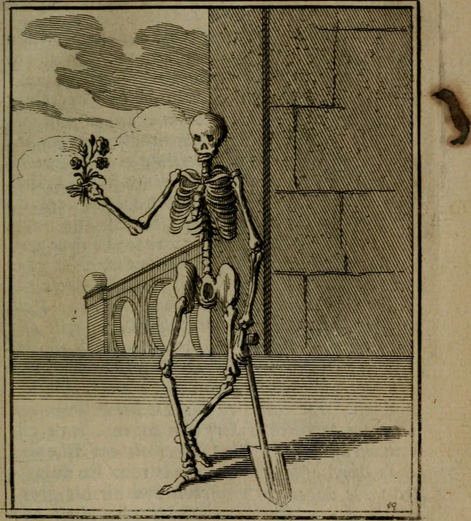 An illustration from De kapelle der dooden, of, De algemeene doodenspiegel : in welken all menschen, van wat staat of rang zy zyn mogen, zich tot hun nut konnen beschouwen : om indagtig ti zyn het memento mori, gedenkt te sterven ..., 1737, leaf 194