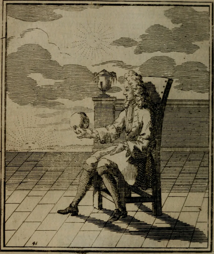 An illustration from De kapelle der dooden, of, De algemeene doodenspiegel : in welken all menschen, van wat staat of rang zy zyn mogen, zich tot hun nut konnen beschouwen : om indagtig ti zyn het memento mori, gedenkt te sterven ..., 1737, leaf 199