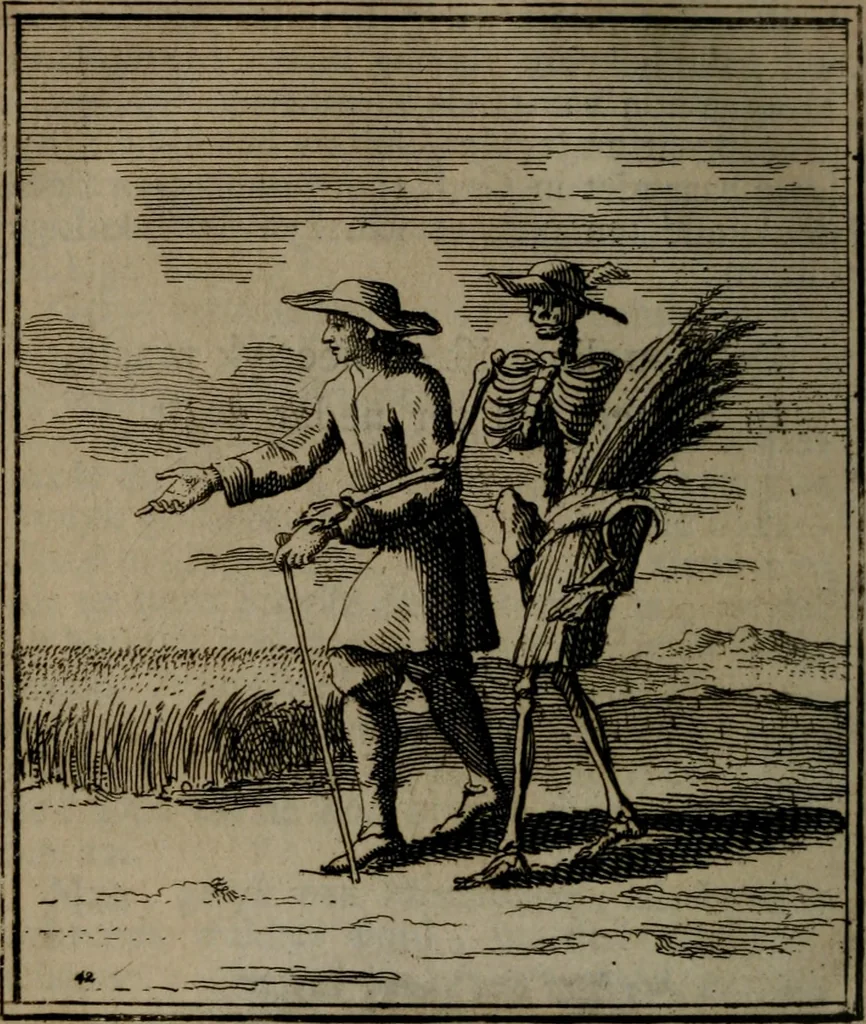 An illustration from De kapelle der dooden, of, De algemeene doodenspiegel : in welken all menschen, van wat staat of rang zy zyn mogen, zich tot hun nut konnen beschouwen : om indagtig ti zyn het memento mori, gedenkt te sterven ..., 1737, leaf 203